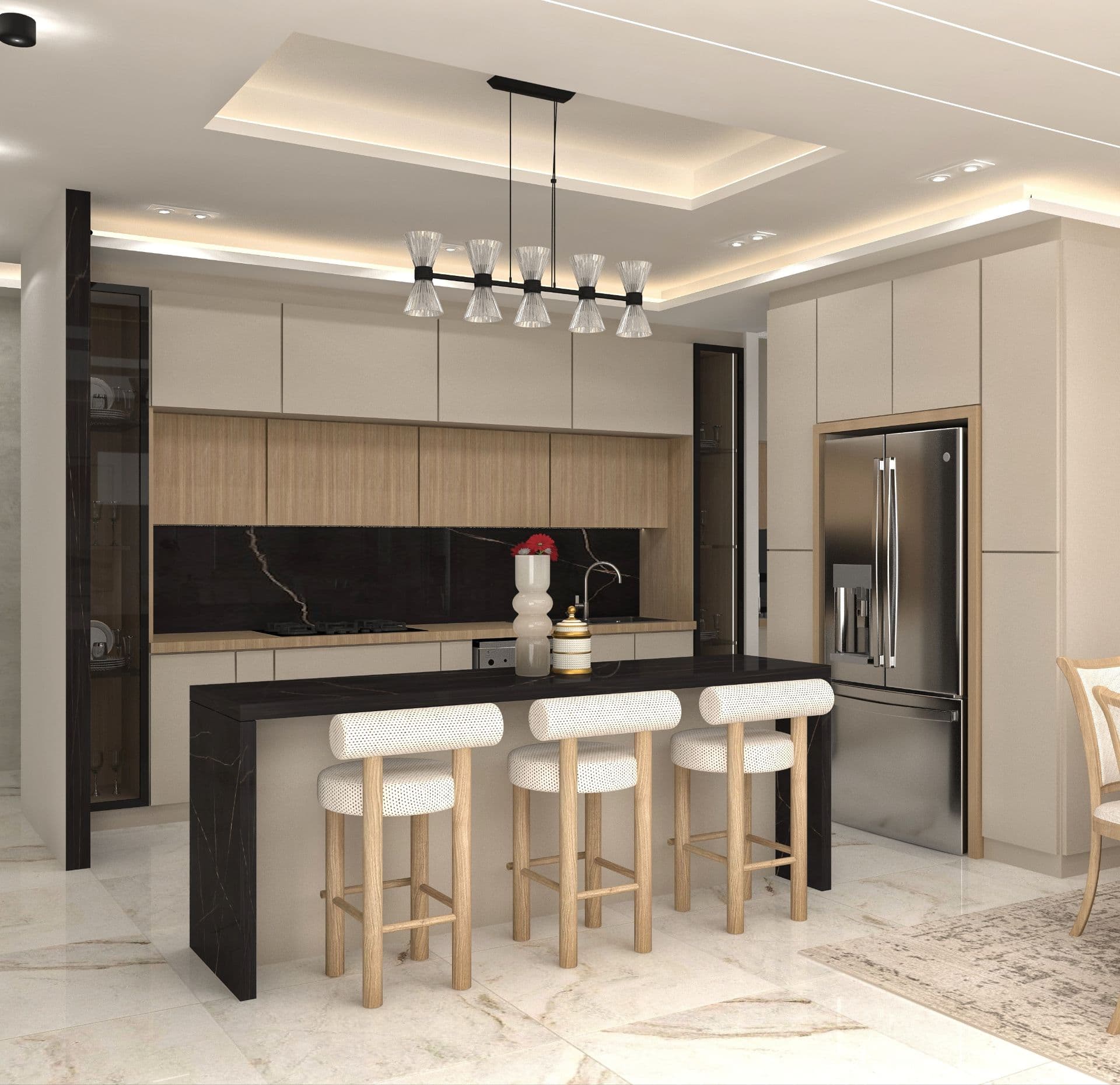 آشپزخانه با جزیره و کابینت چوبی